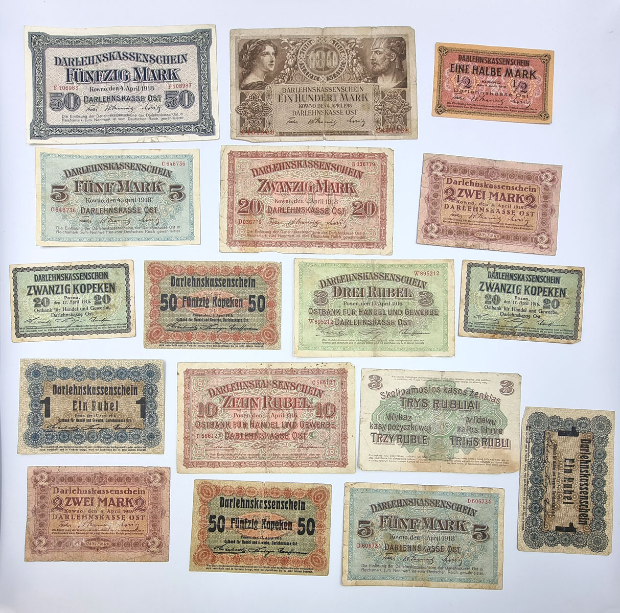 Polska OST. Kopiejki, ruble, marki, Kowno, Poznań, 1916, 1918  zestaw 17 banknotów